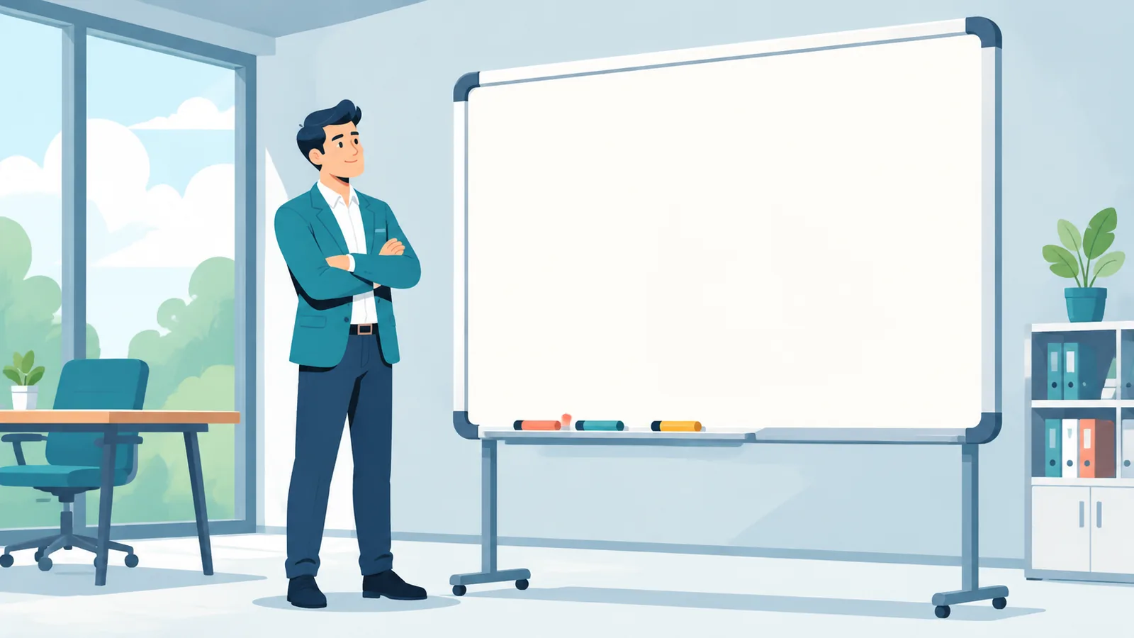 Professional facing a blank whiteboard reflecting career stagnation