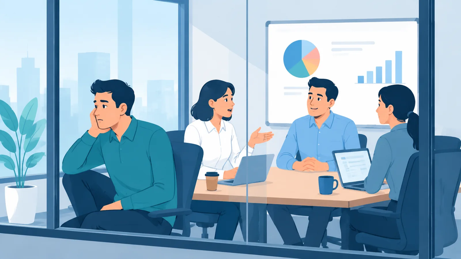 Disengaged employee in a team meeting showing culture mismatch