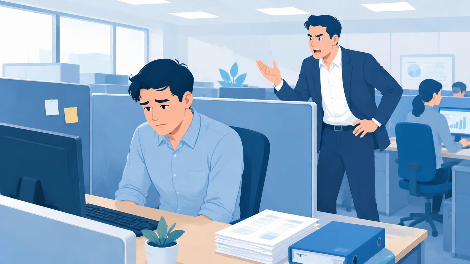 Tense office scene showing toxic management dynamics