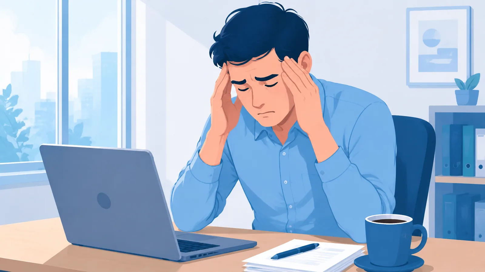Person showing signs of stress-related health decline at work