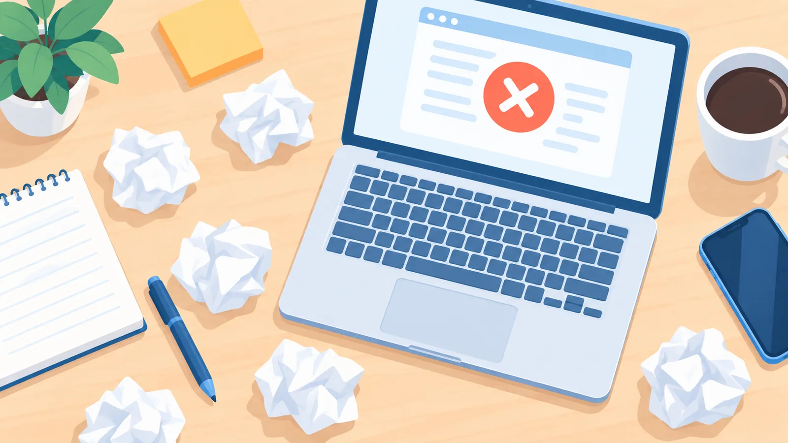 Rejected note drafts symbolizing common writing mistakes