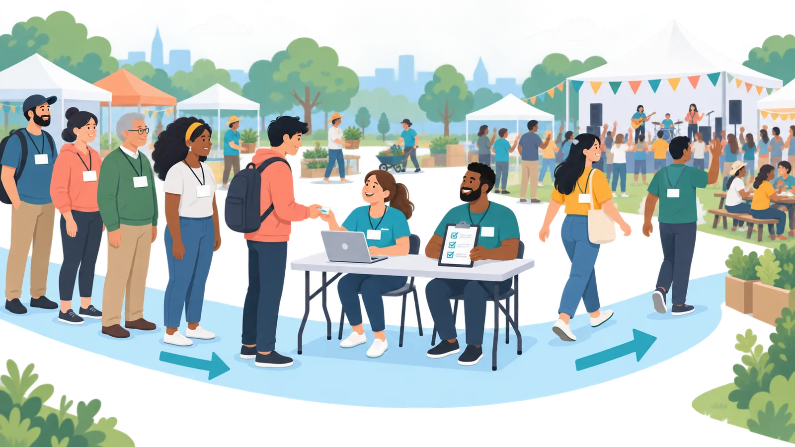Large group of volunteers checking in at an event