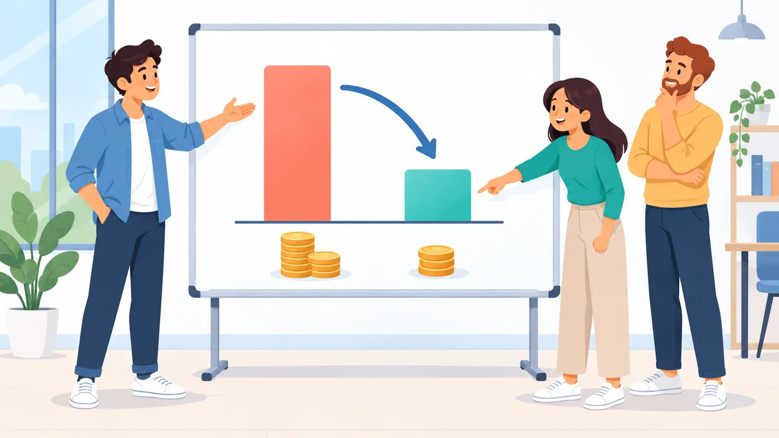 Small team comparing budget options on a whiteboard