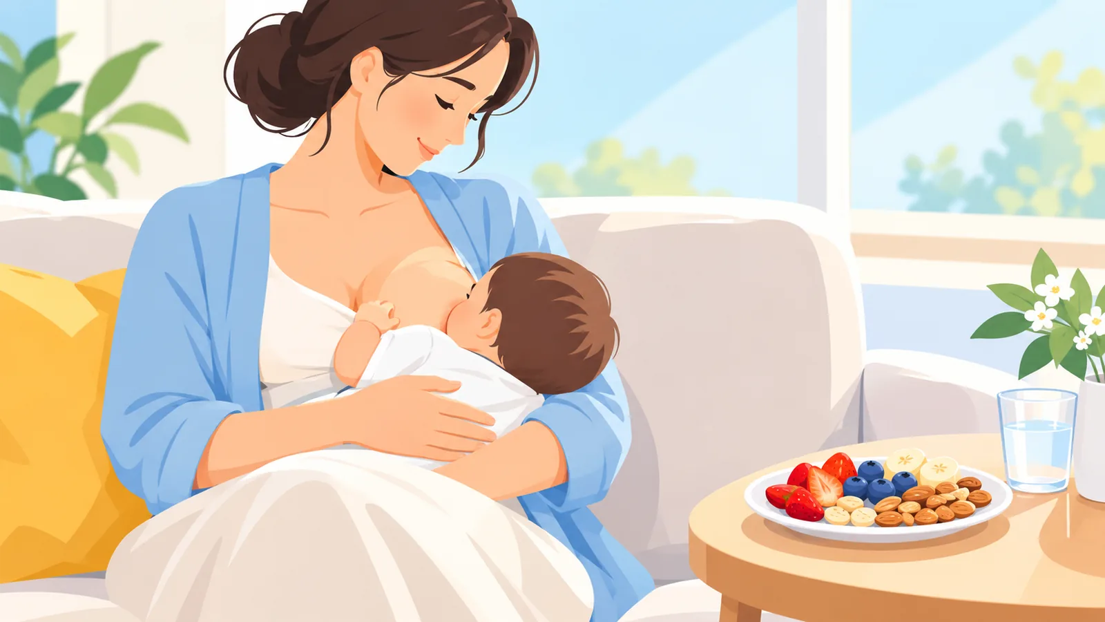 Mother nursing baby with healthy snack nearby