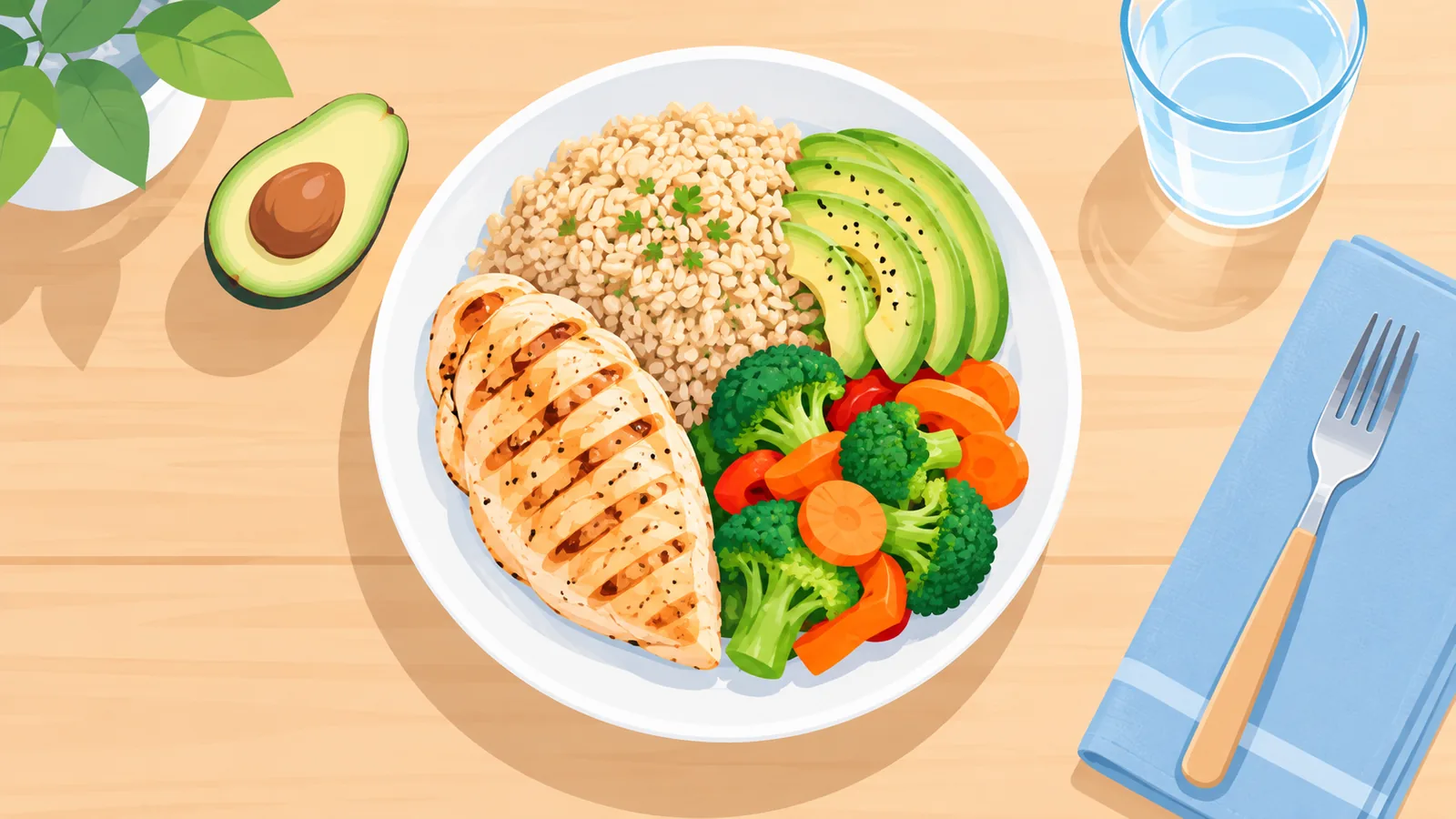 Balanced plate of chicken, rice, and vegetables