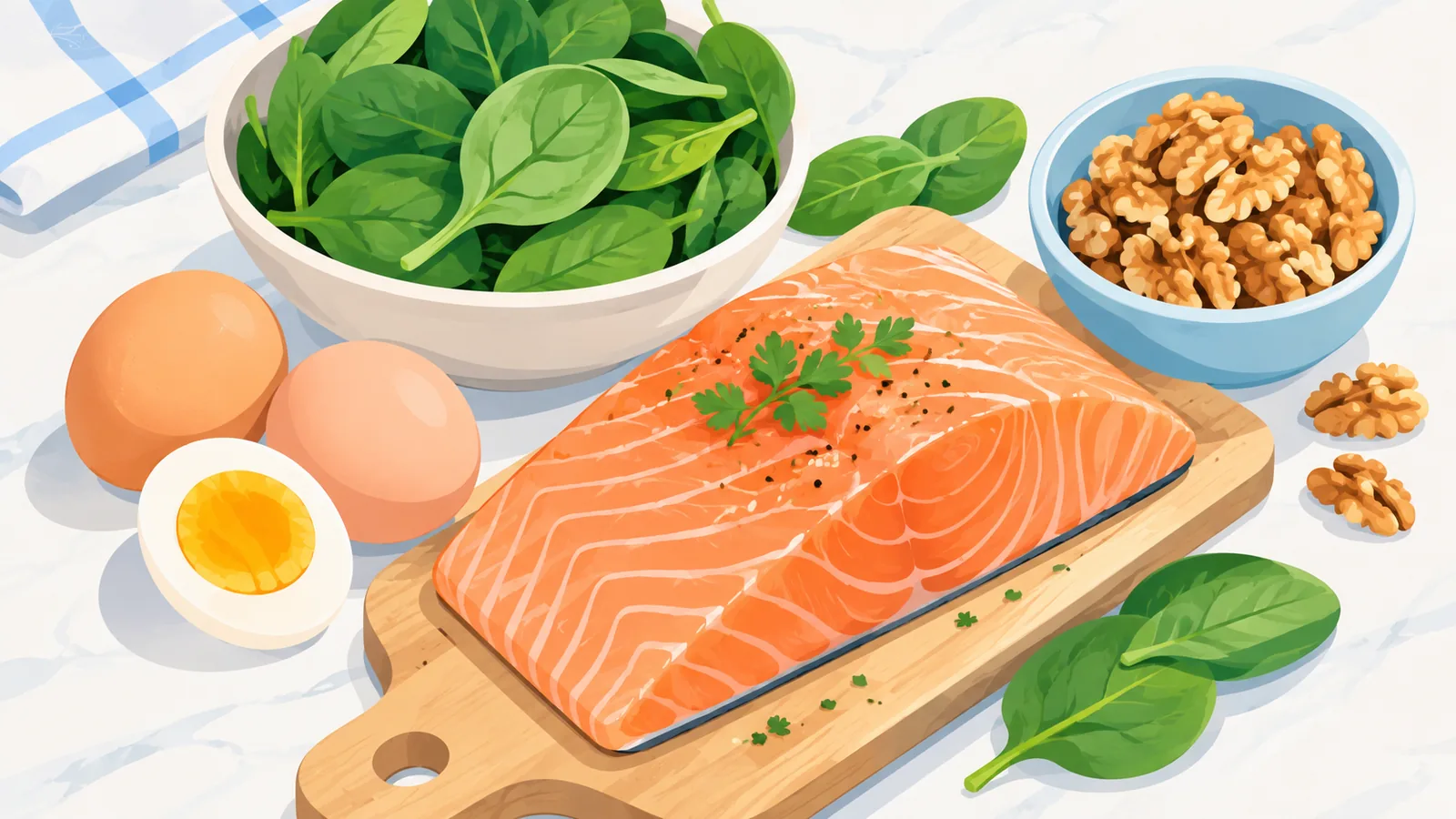 Nutrient-dense foods including salmon and spinach