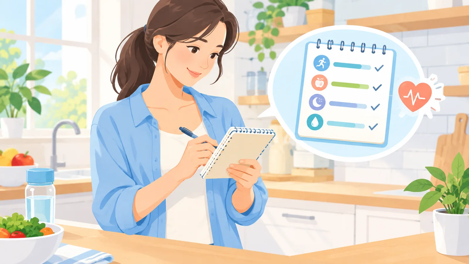 Woman tracking her postpartum progress in a notebook