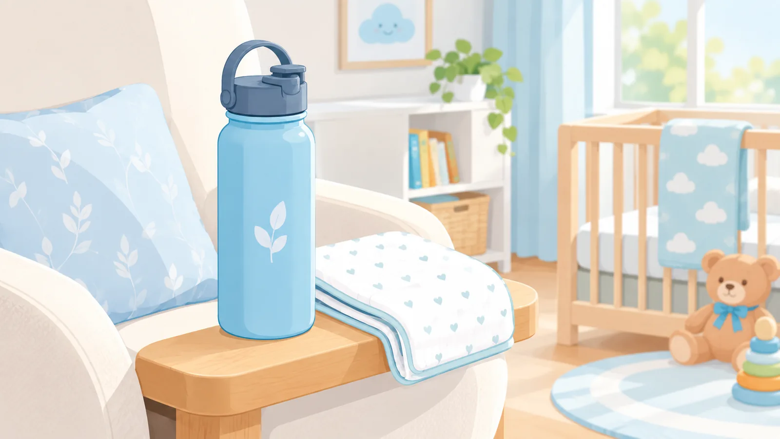 Water bottle beside a nursing chair