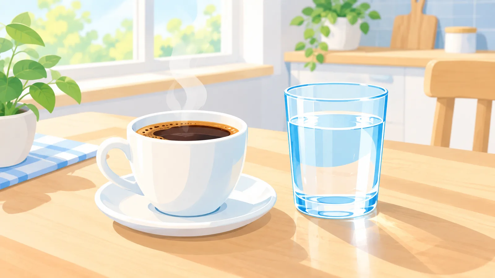 Cup of coffee next to a glass of water