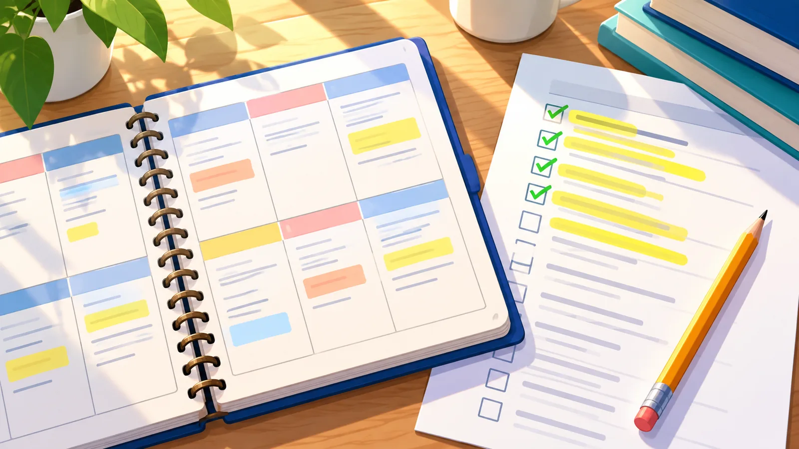 Open weekly planner and syllabus checklist on a study desk