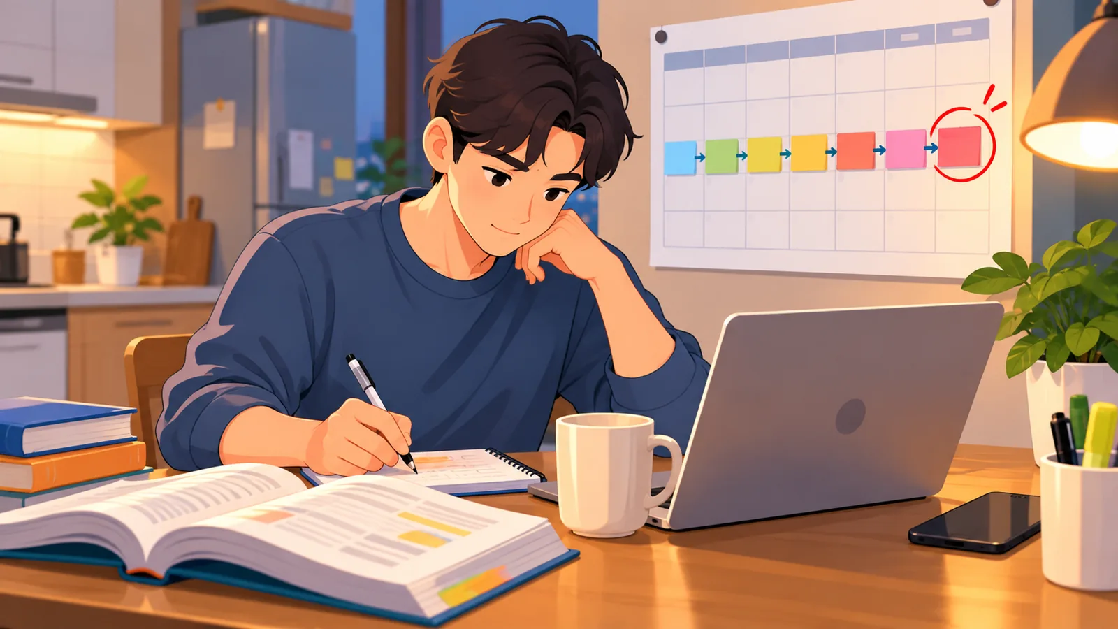 Working professional studying at home with a monthly milestone chart