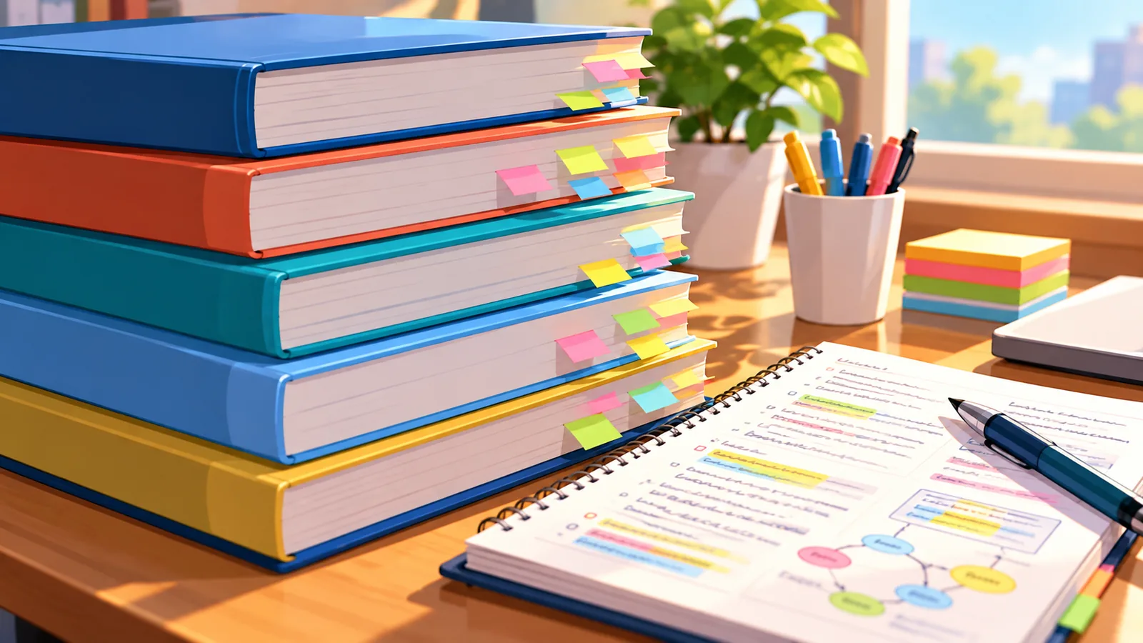 Stack of prep books and concept notes for a long study plan