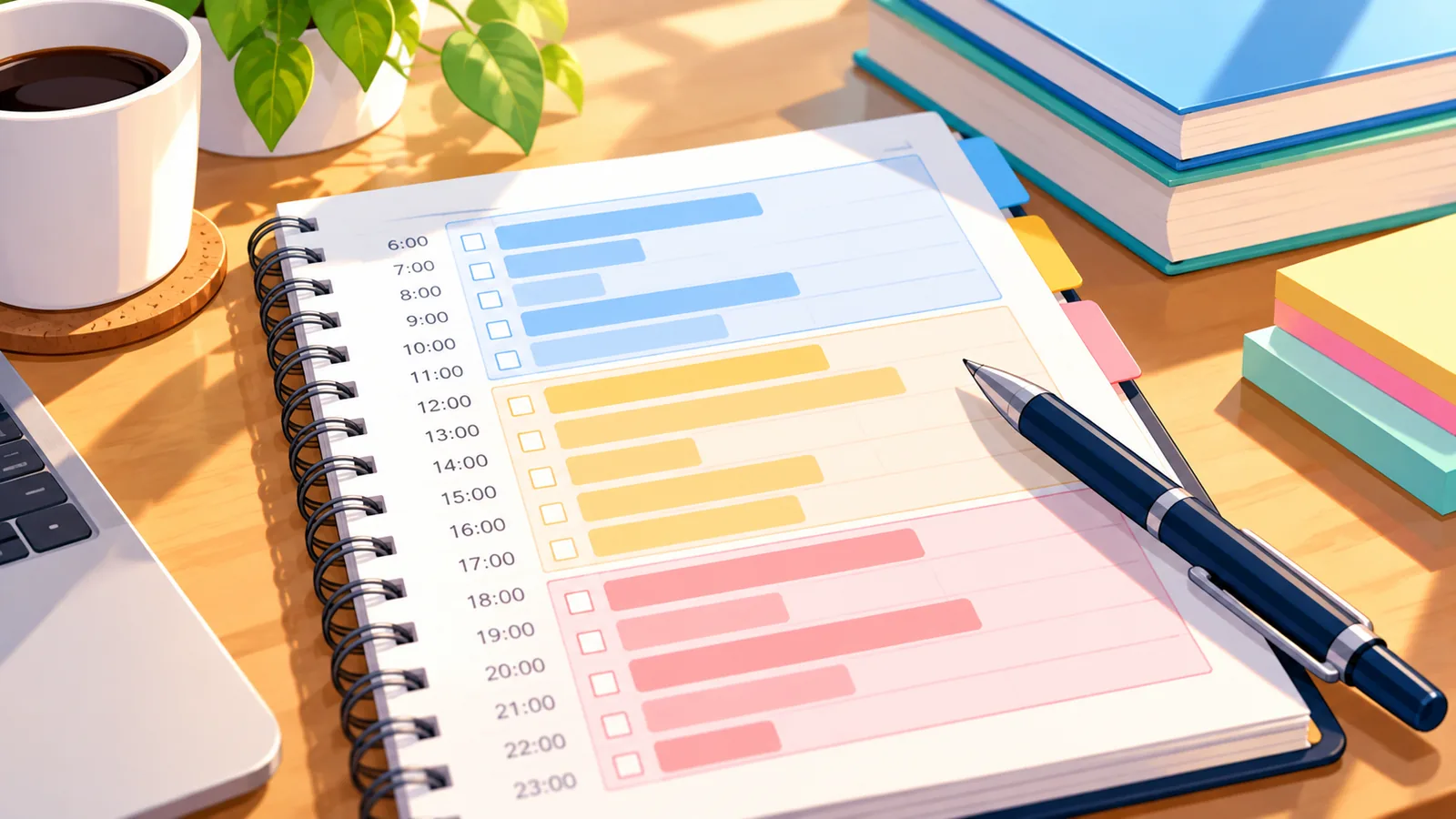 Time-blocked daily study schedule in a paper planner
