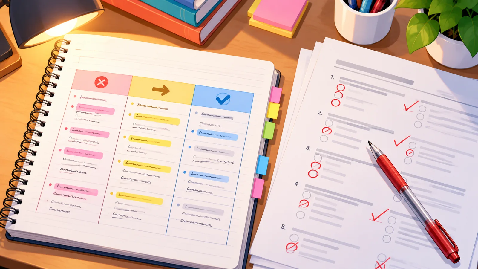 Error log notebook beside a marked mock test
