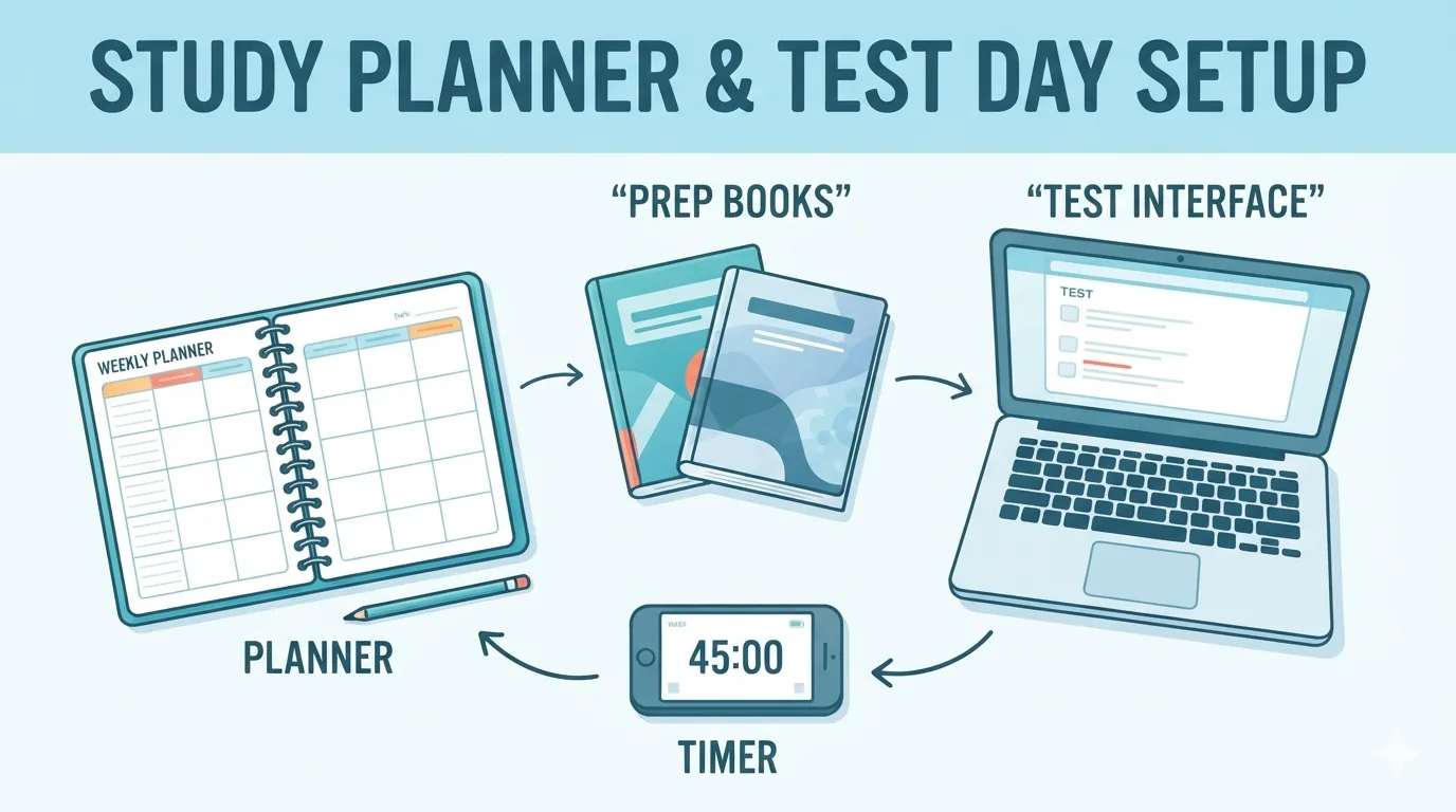 Planner, prep books, and laptop for mock-test practice
