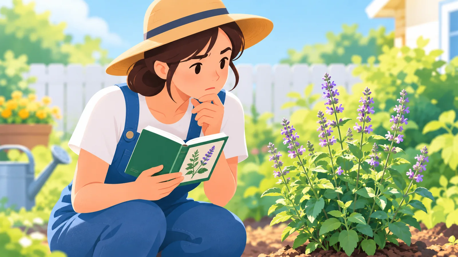 Beginner kneeling in a garden with a field guide next to a small flowering herb
