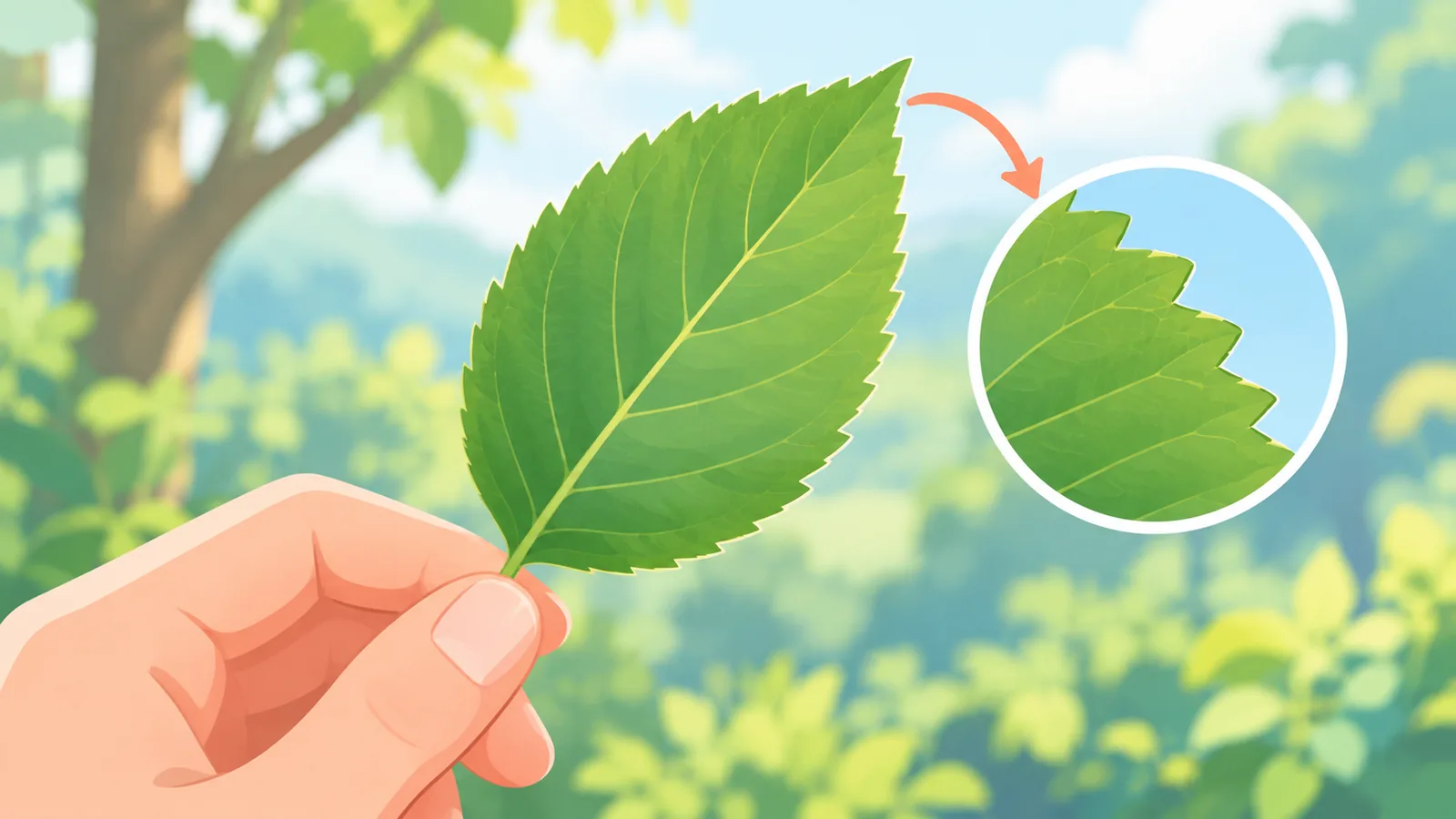 Hand holding a green leaf with a toothed edge to observe its shape