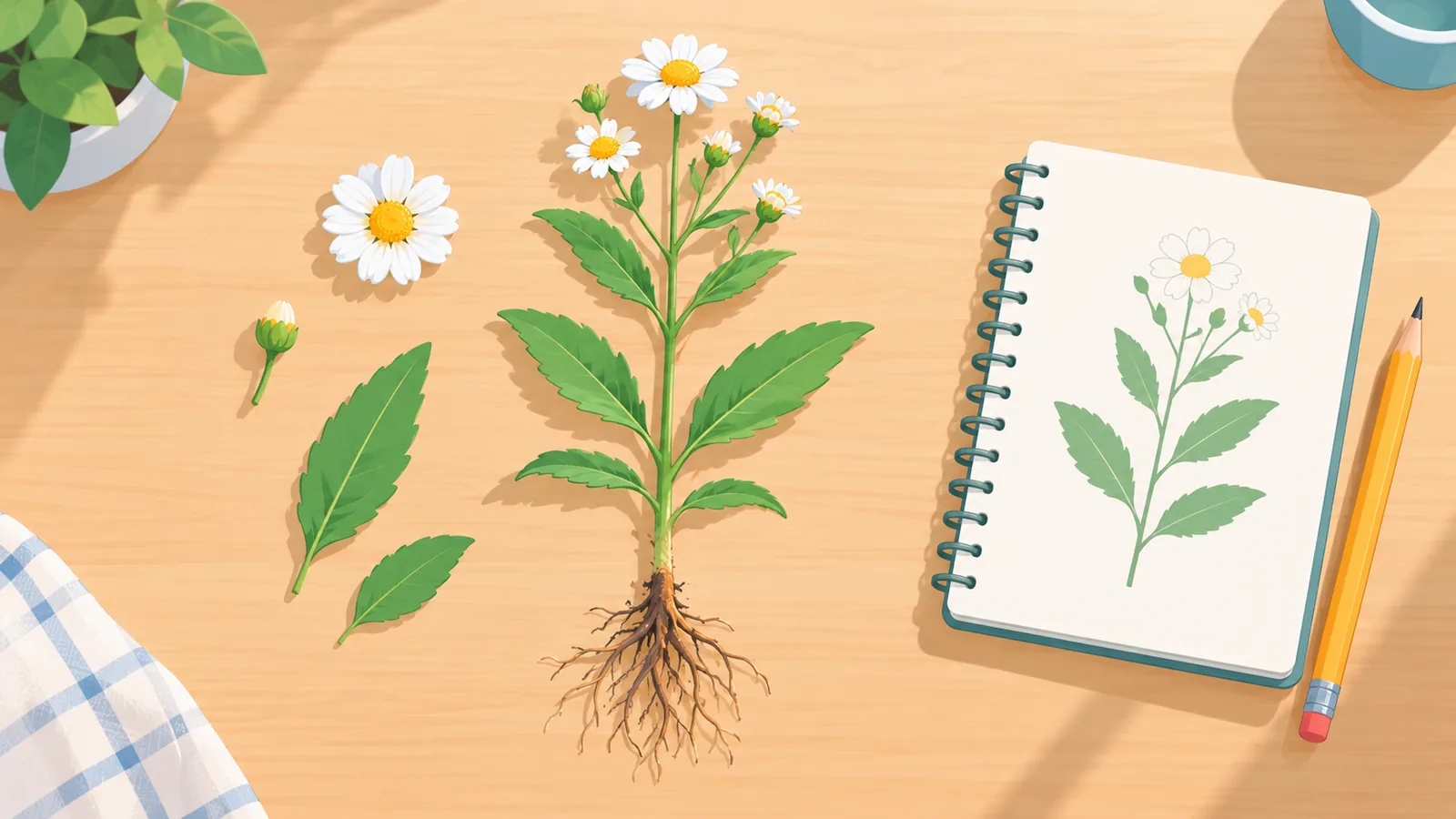 Wildflower laid out on a table showing roots, stem, leaves and flower
