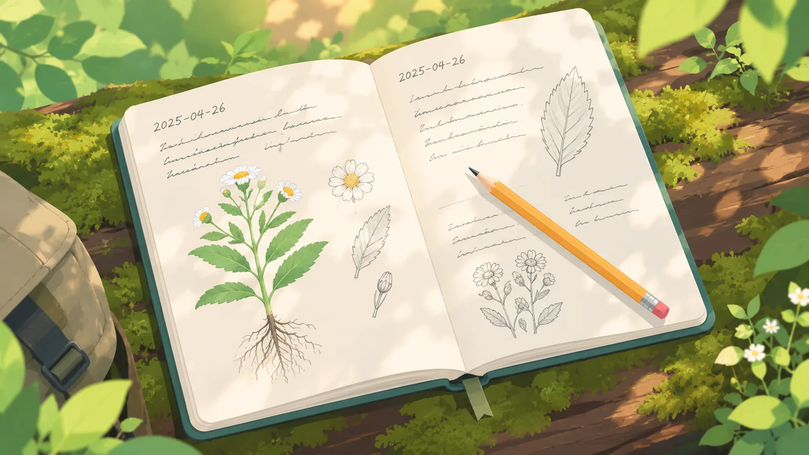 Open field journal with plant notes and a sketch on a mossy log