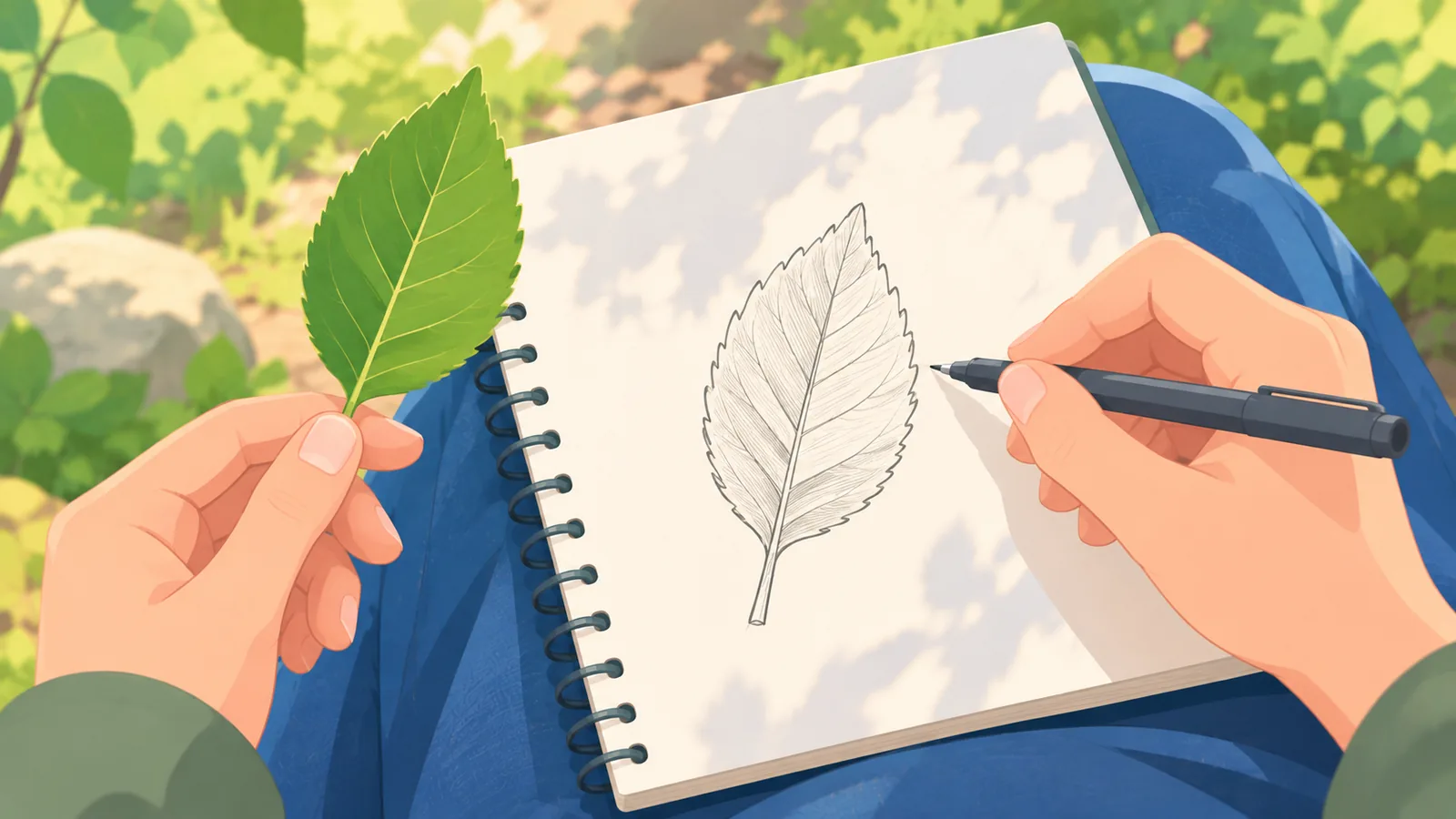 Person drawing a leaf in a sketchbook outdoors