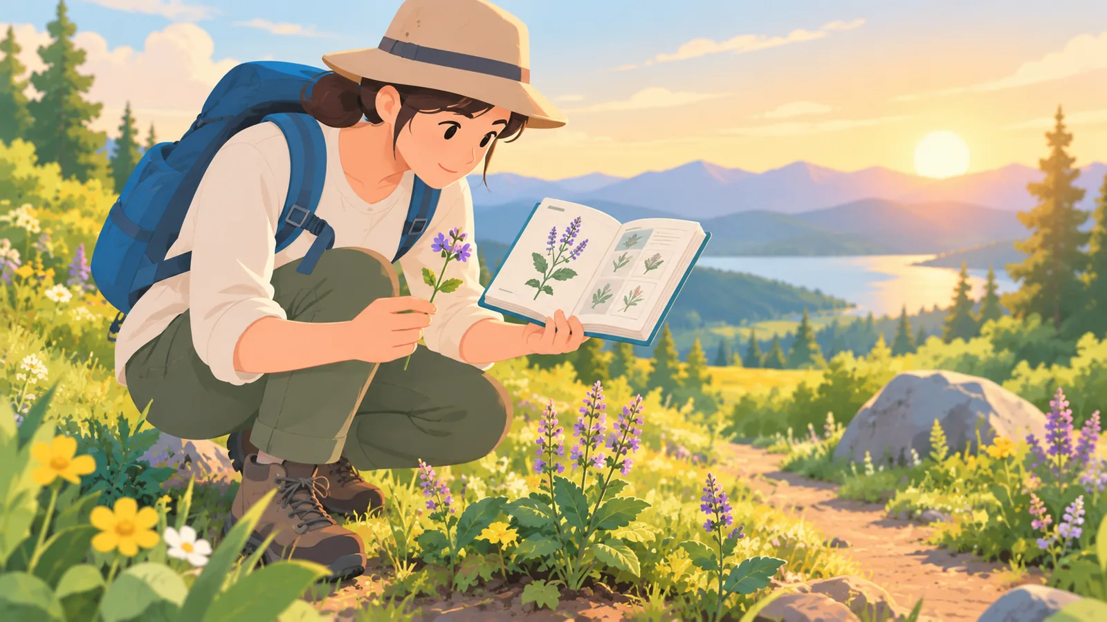 Hiker comparing a wildflower to a field guide on a meadow trail
