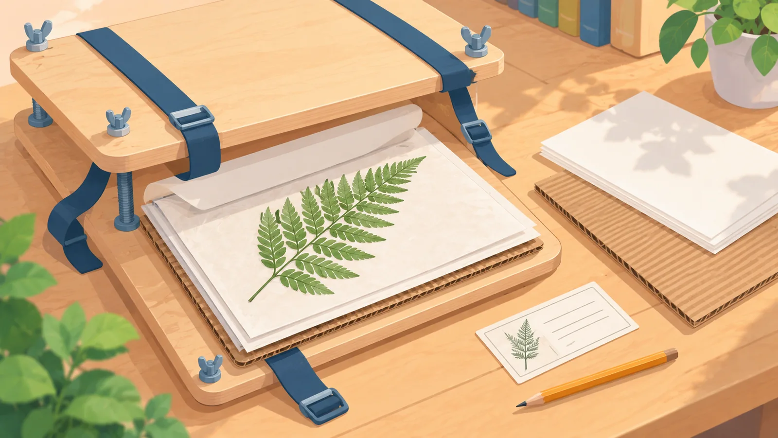 Open plant press with a pressed fern specimen and label