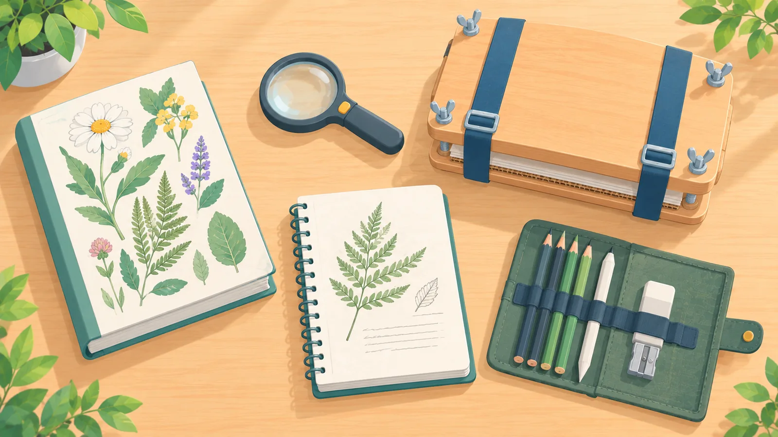 Flat-lay of five essential plant study tools