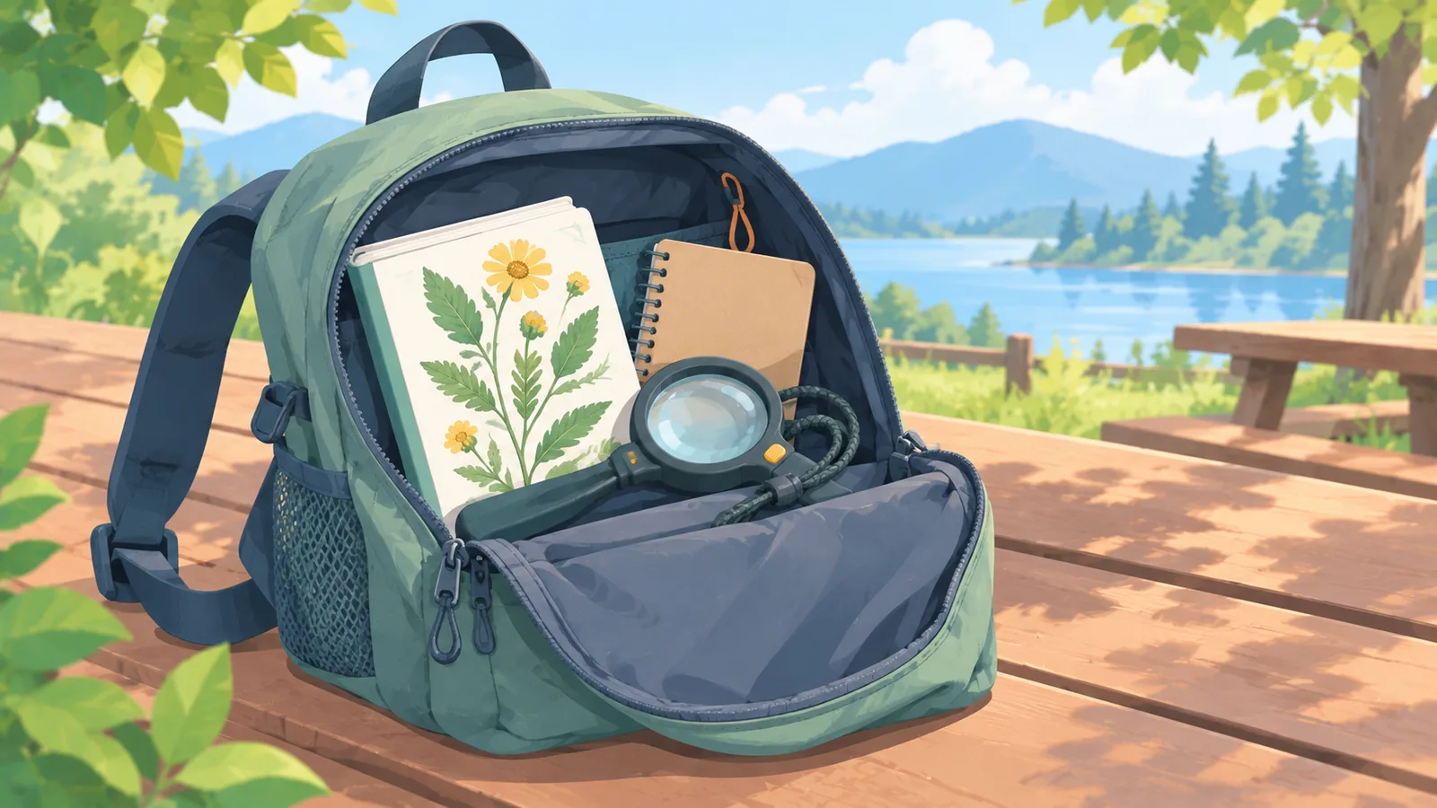 Daypack holding a field guide, hand lens and pocket notebook