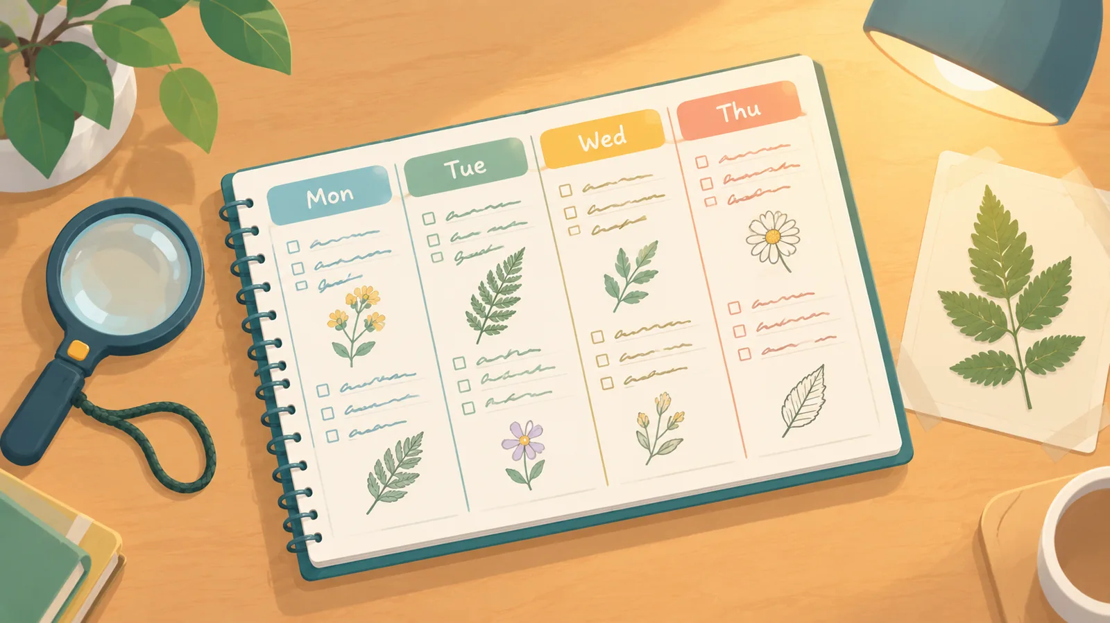 Four-week practice planner beside a hand lens and pressed leaf