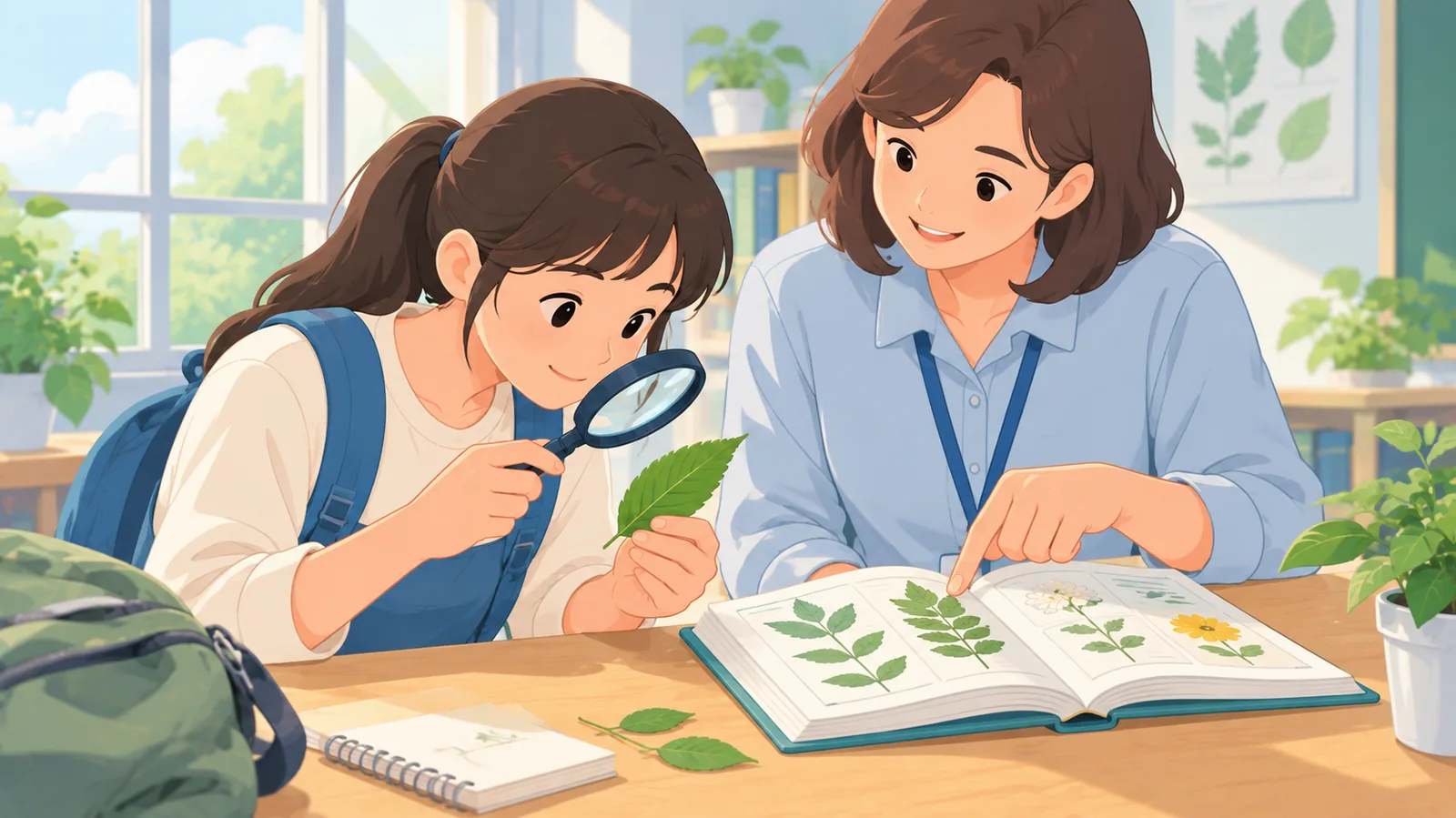 Student using a hand lens on a leaf while a teacher points to a plant book