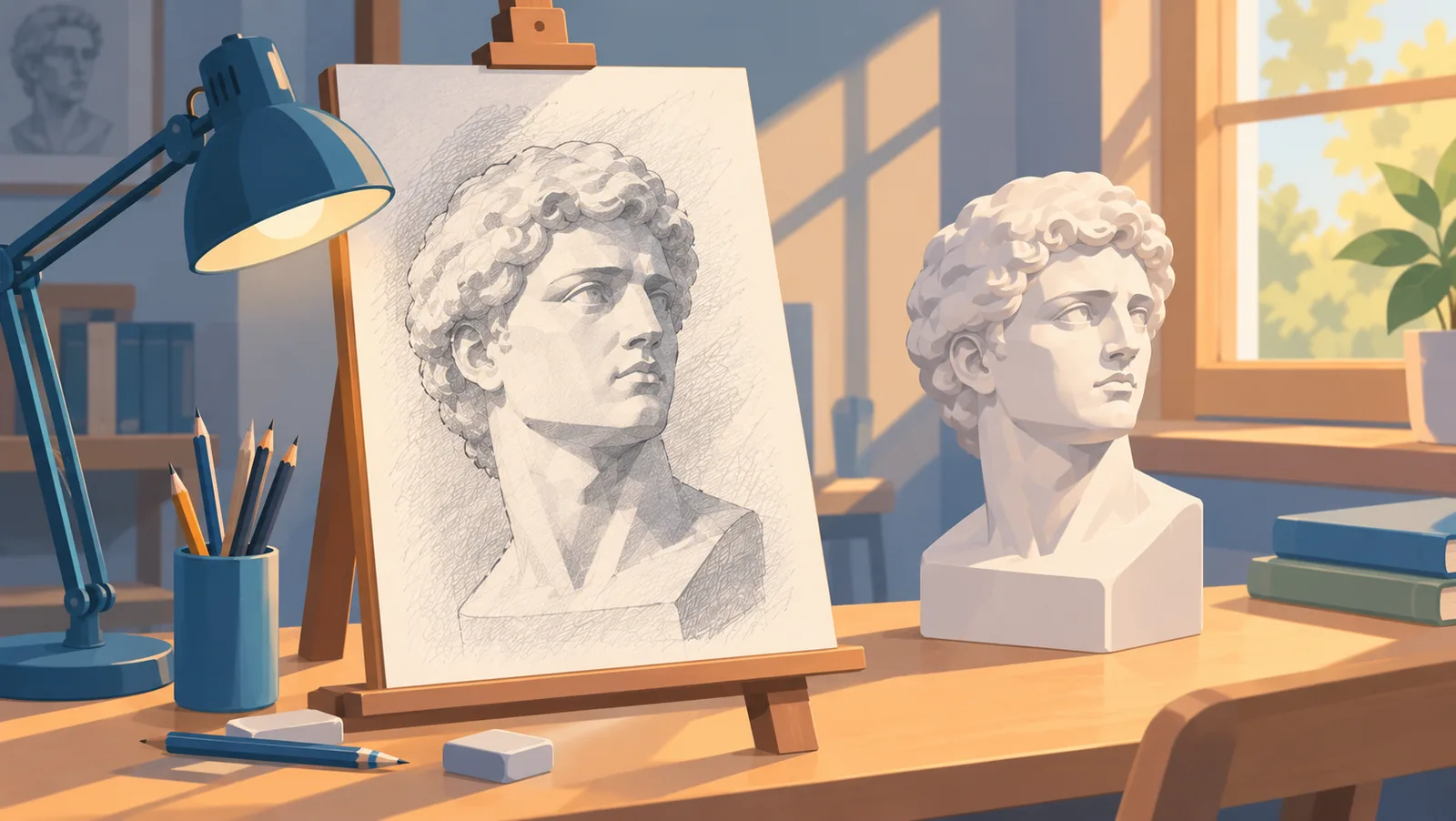 Finished head study on an easel beside a lamp and plaster head