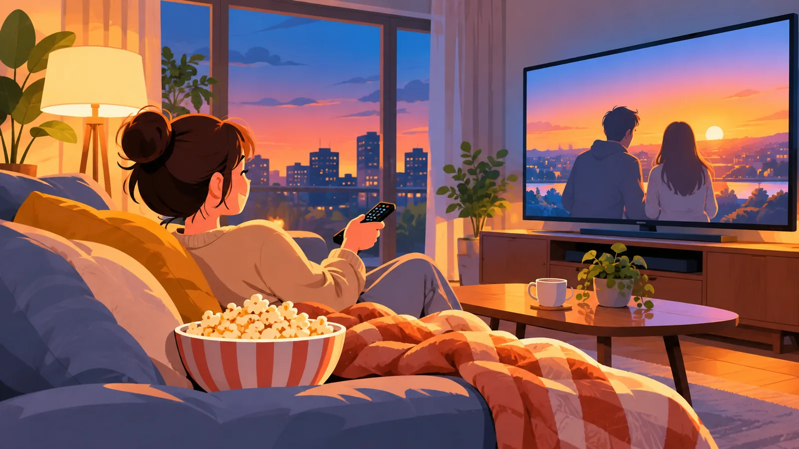 Cozy living room with a glowing TV and popcorn ready for movie night