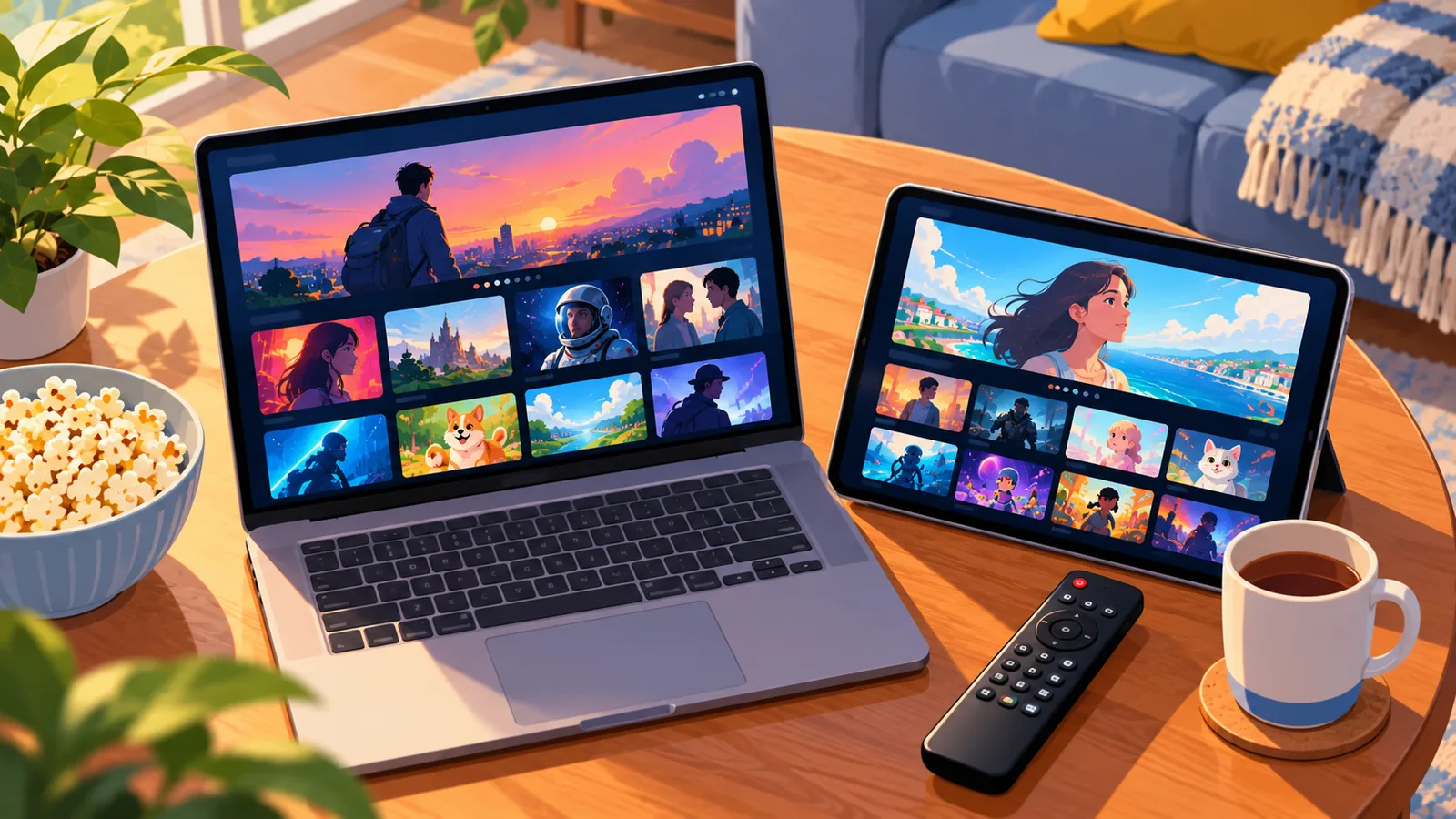 Laptop and tablet showing streaming apps on a coffee table