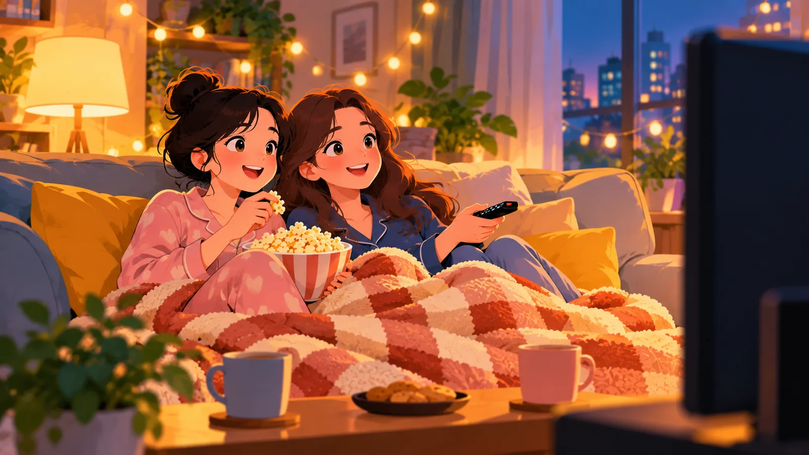 Two friends relaxing under a blanket while watching a movie