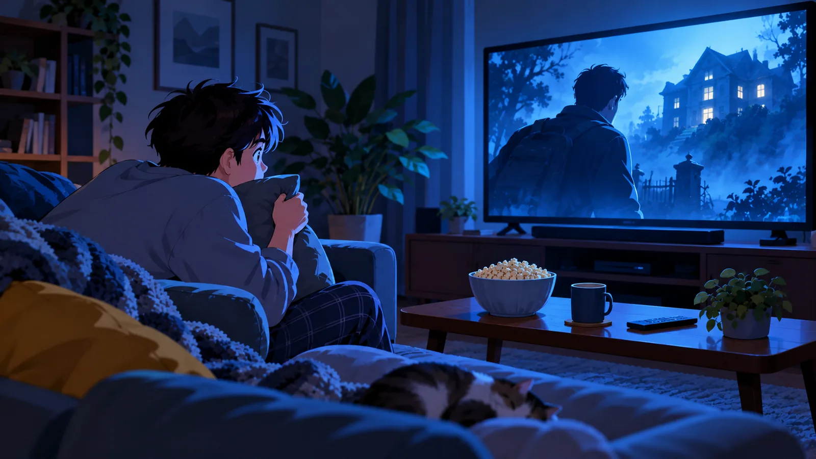 Viewer leaning forward during a tense thriller in a dark room