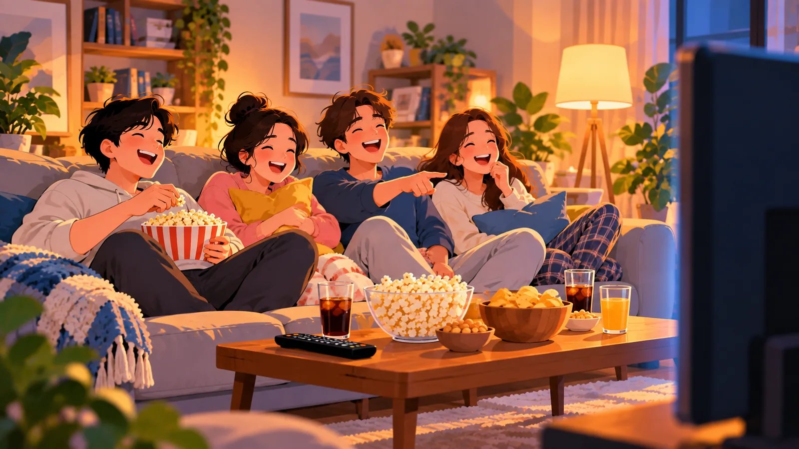 Friends laughing together during a comedy movie night