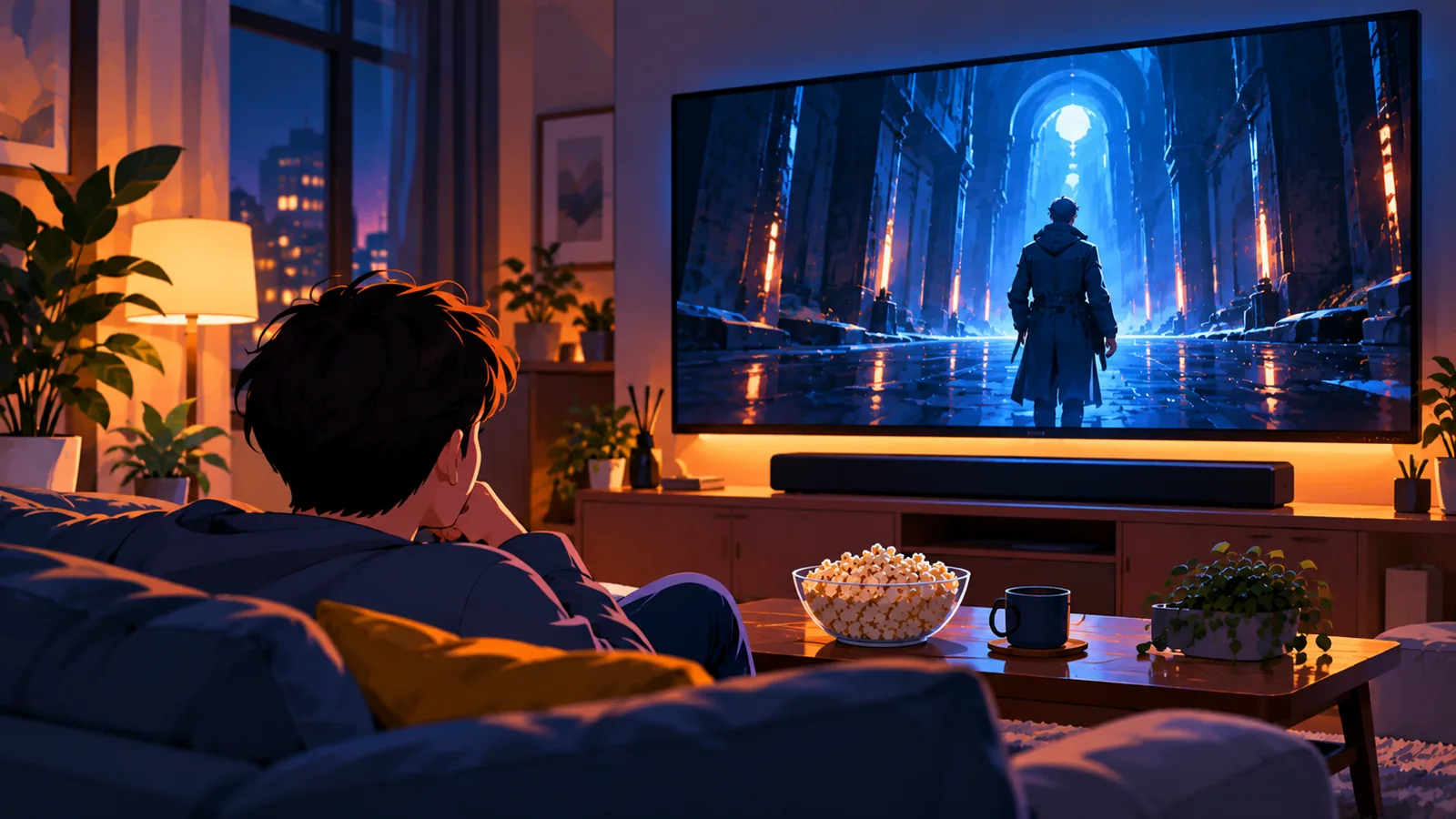 Home theater setup with a big TV showing a sci-fi scene