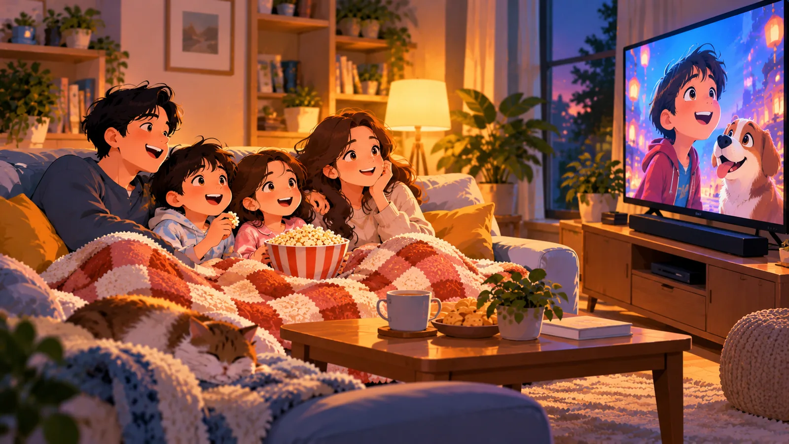 Family watching an animated movie together on the couch