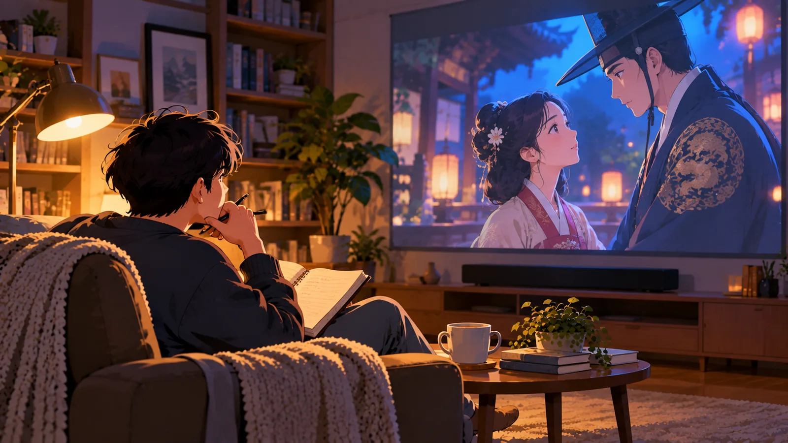 Viewer watching a drama in a quiet room with a reading lamp