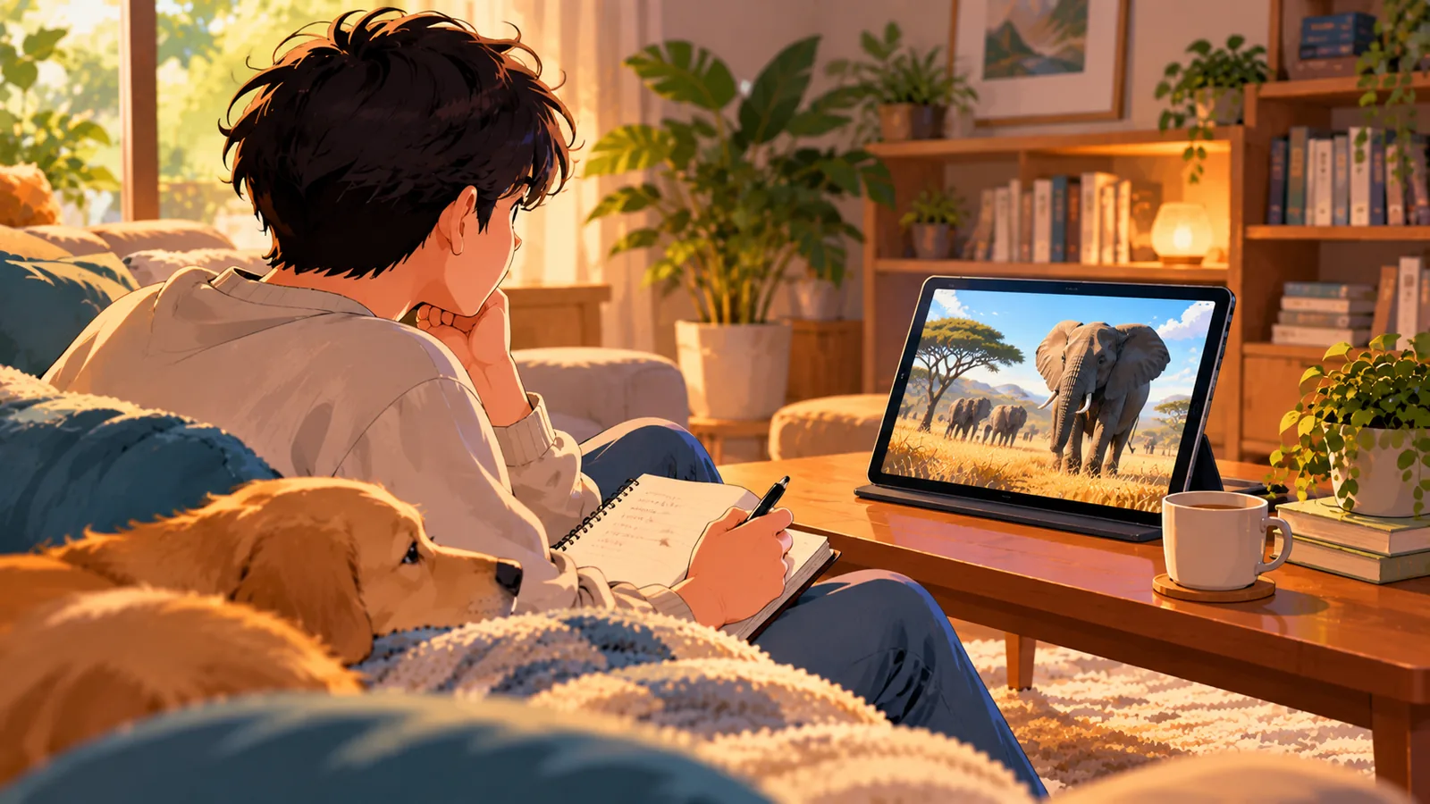 Person taking notes while watching a documentary on a tablet