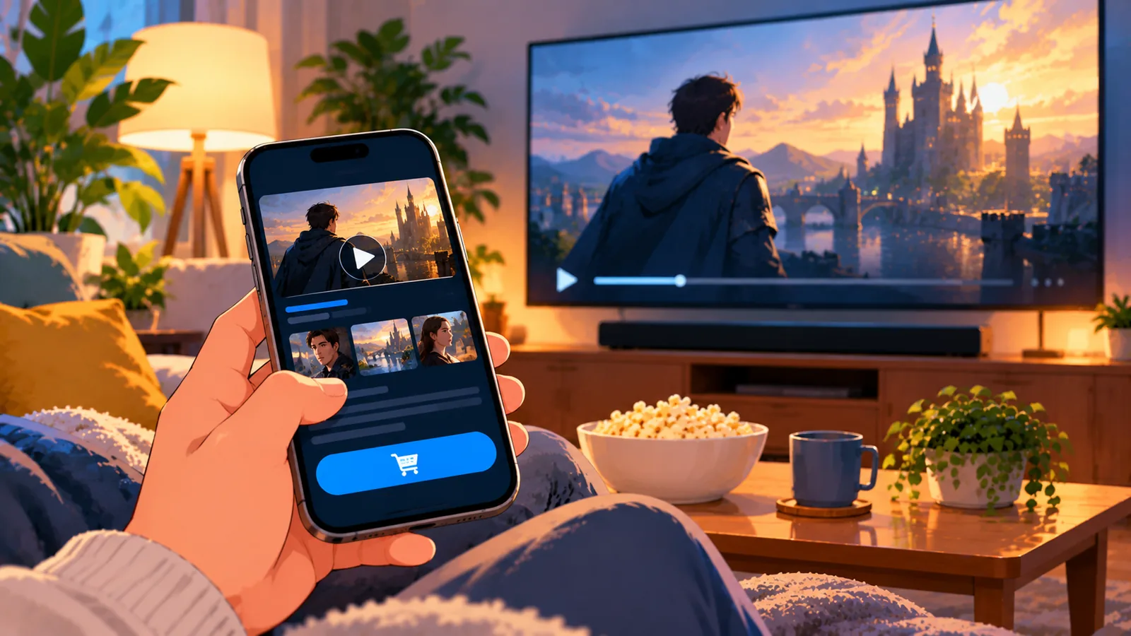Hand holding a phone with a rental page in front of a paused movie