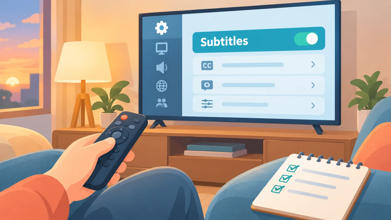Remote pointed at a TV subtitle menu with a checklist nearby
