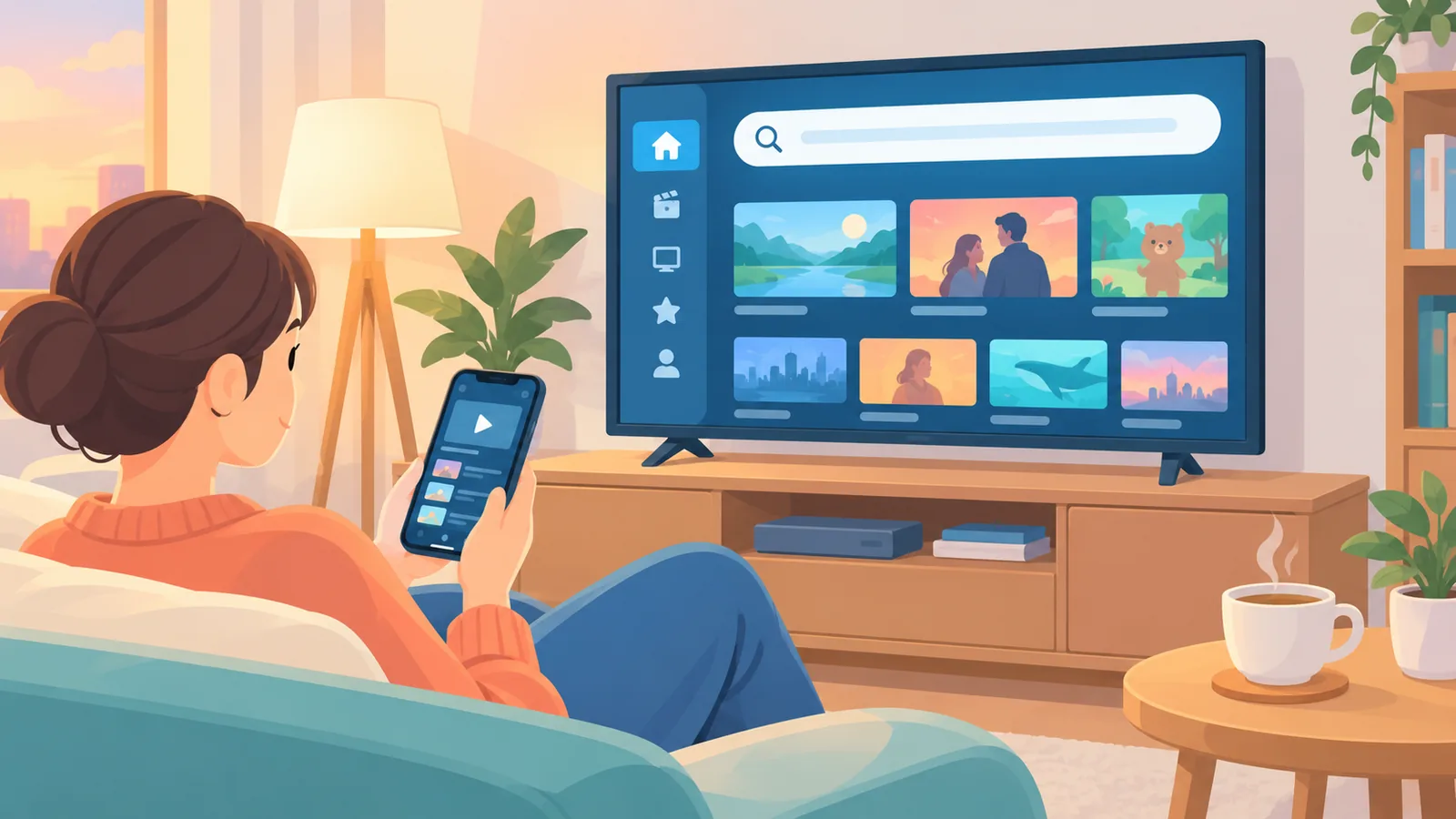 Viewer searching for a movie on a streaming app at home