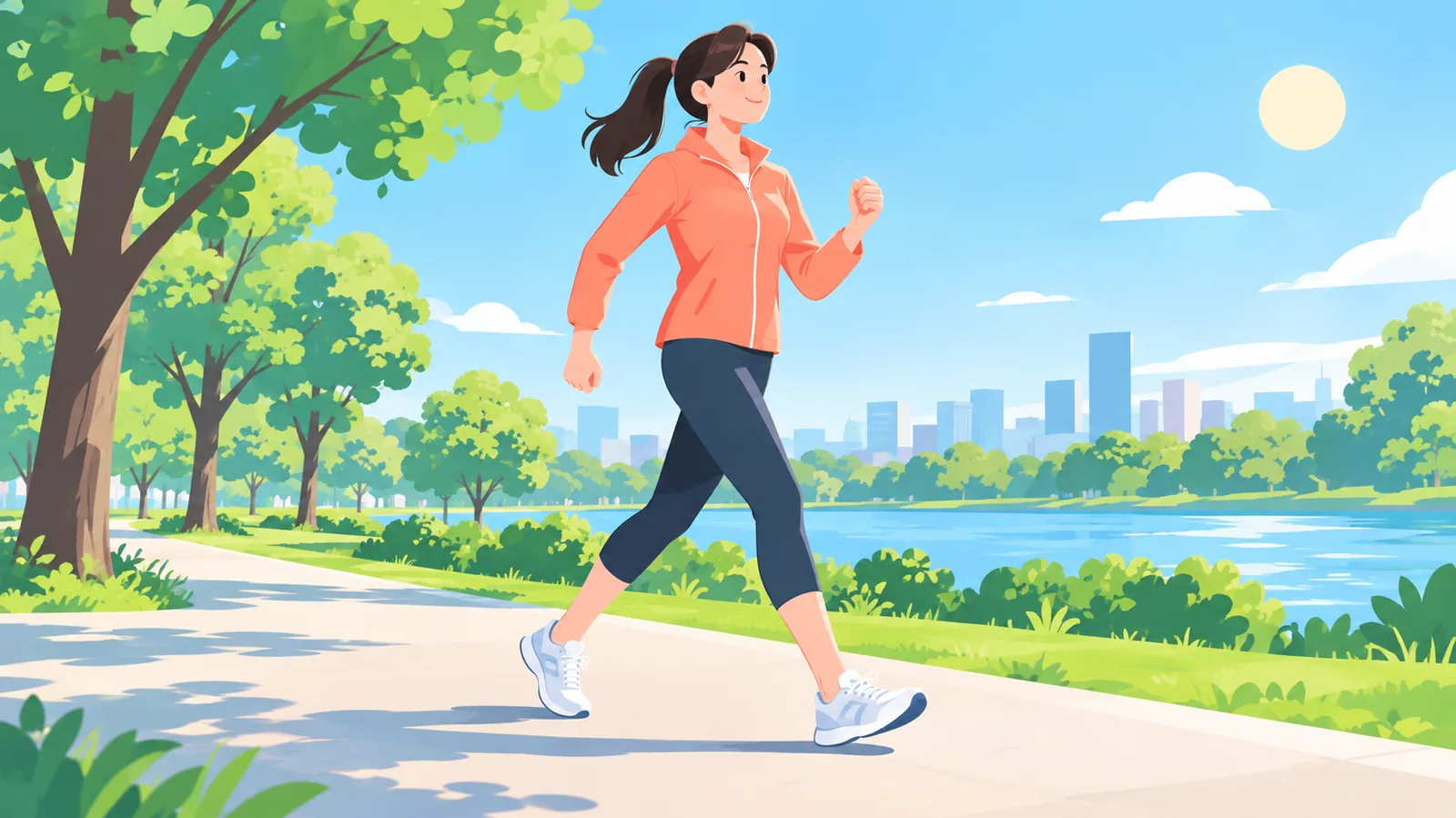 Person walking briskly outdoors on a park path
