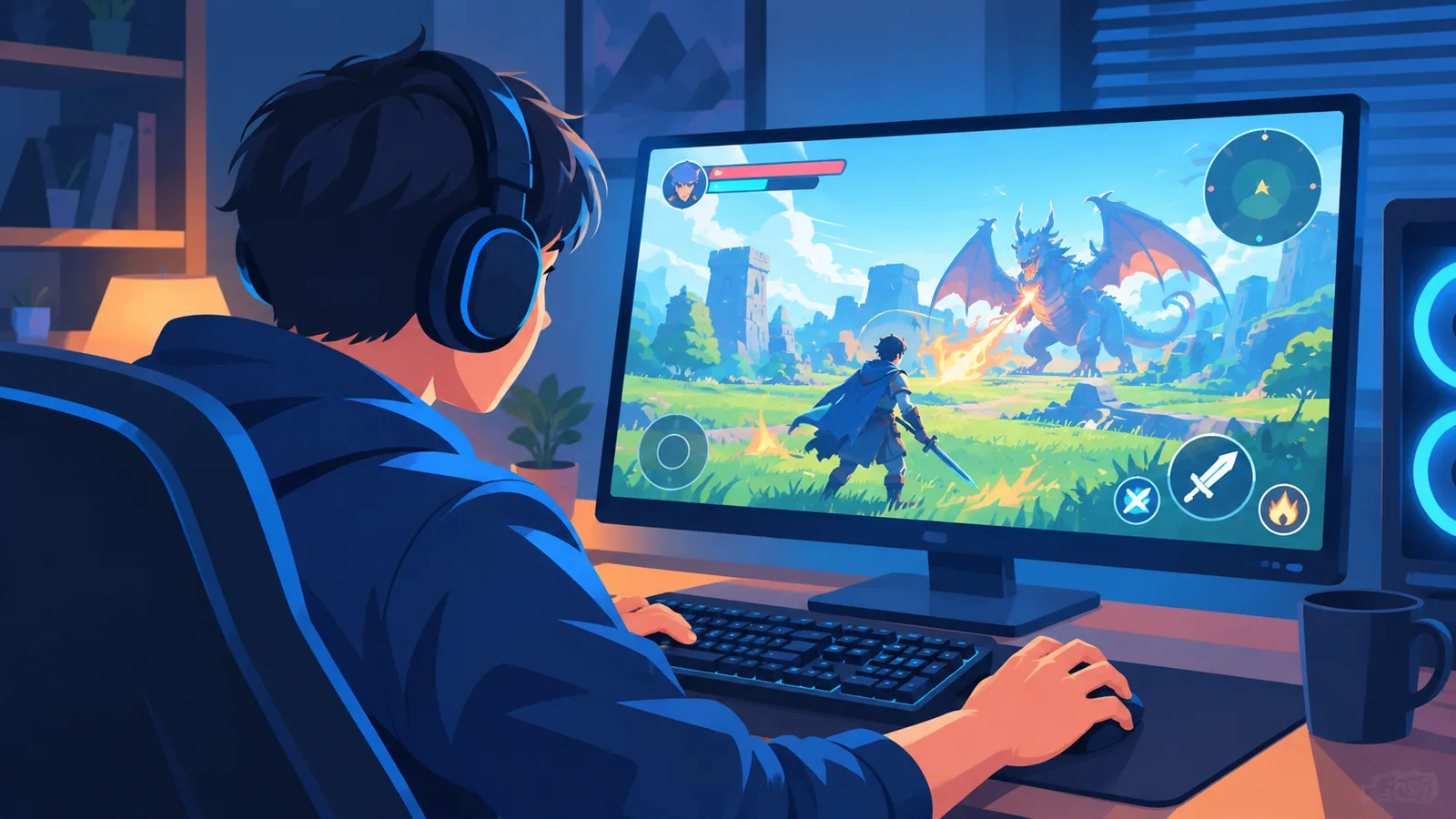 Gamer playing a big-budget action game on an iMac