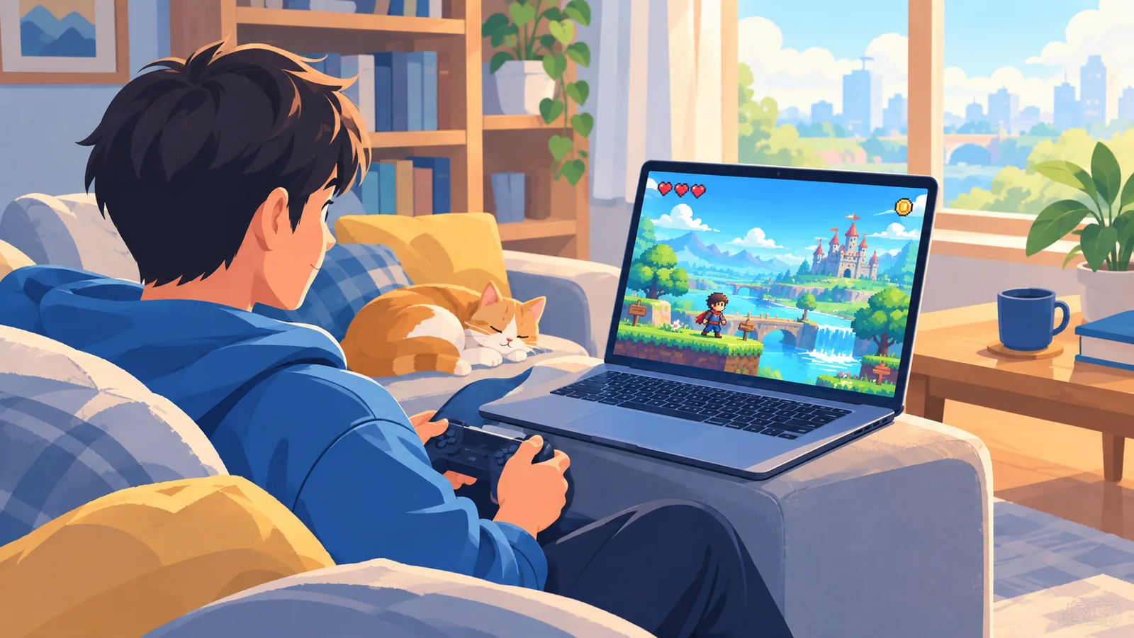 Cozy setup for playing indie games on a Mac laptop