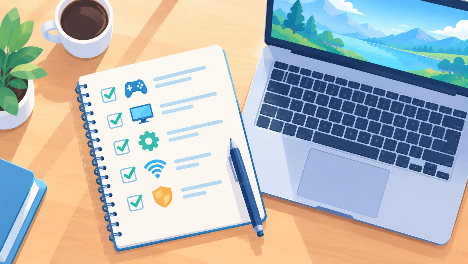 Checklist notepad next to a laptop before buying a game