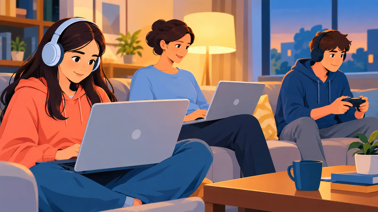 Household members gaming together on separate devices