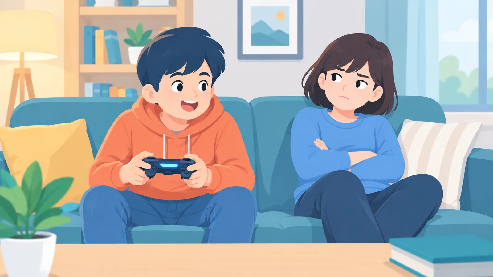 Two people waiting to take turns playing a shared game