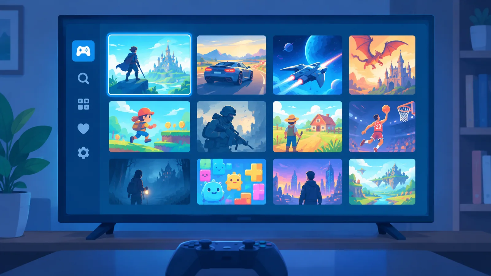 Shared game library icons on a television screen